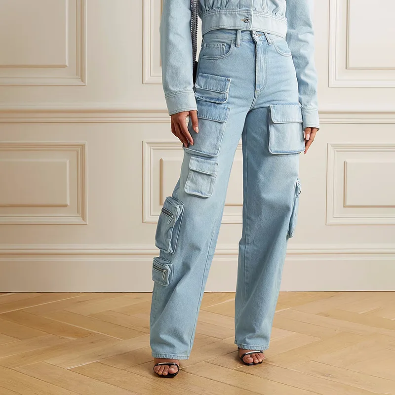 Fracht Jeans Frauen Light Blue Zipper Fly Gerade Denim Hosen mit Taschen 2023 Sommer Outfits Y2K Kleidung High Street Hosen