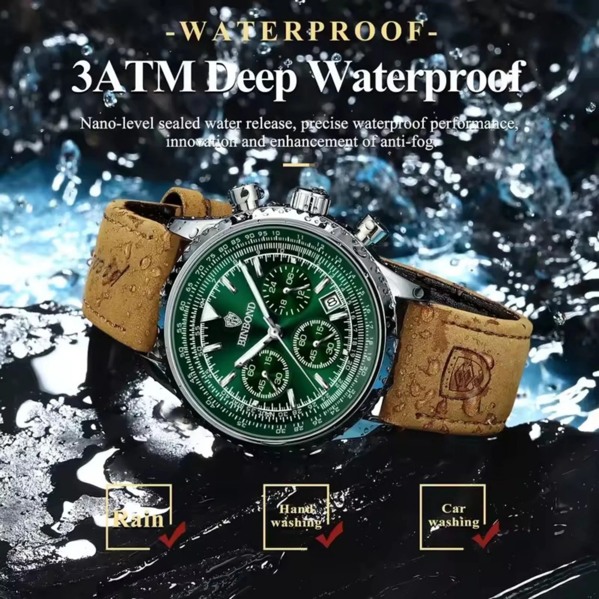 BINBOND Business Brand Men Watch Leather Strap Timer Complete Calendar Display 30M Water-Resistance Festival Birthday Gift Box