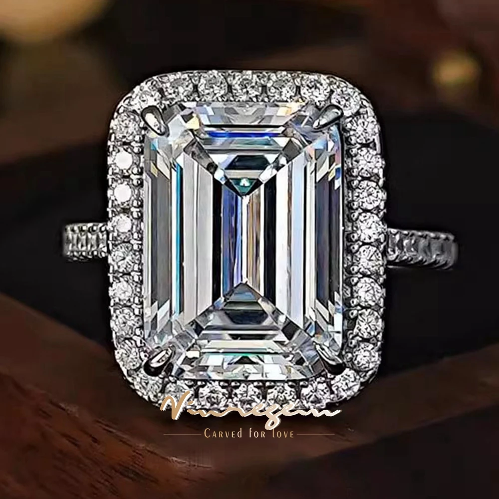 Vinregem 10*14 MM 10 CT Emerald Cut Lab Created Sapphire Gemstone 100% 925 Sterling Silver Wedding Engagement Rings Fine Jewelry