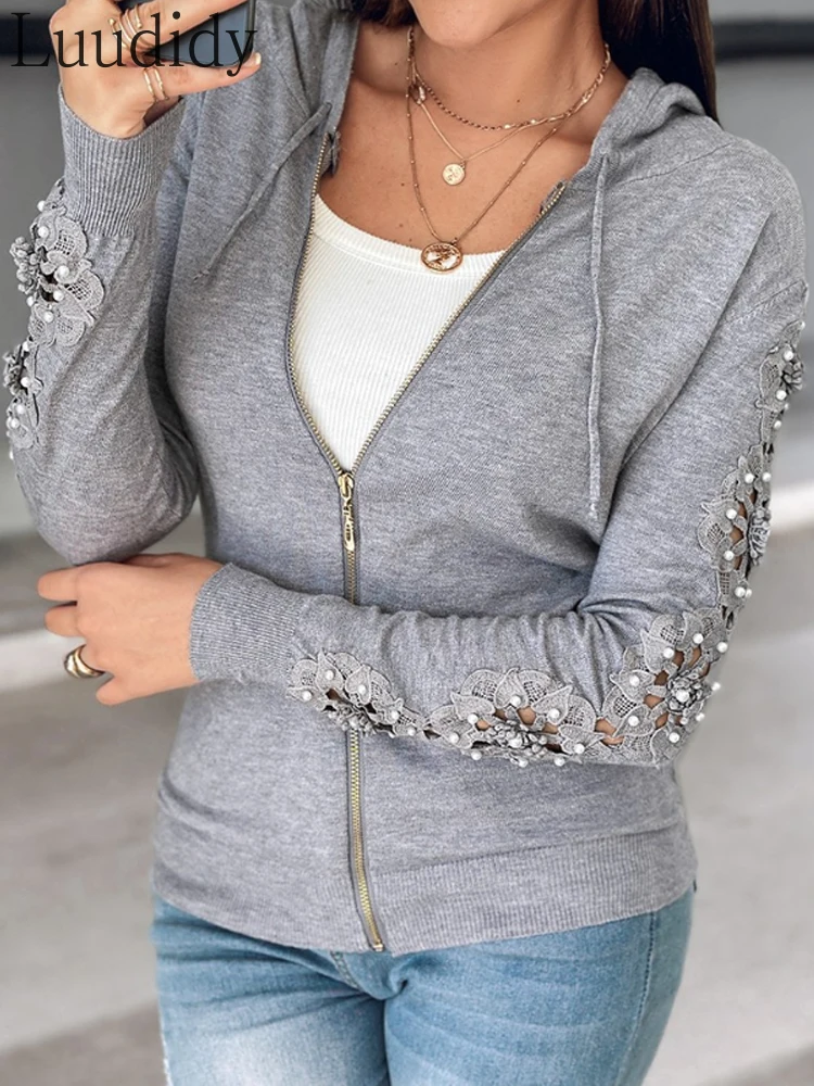 Women Beaded Lace Patchwork Long Sleeve Cardigan Hooded Top