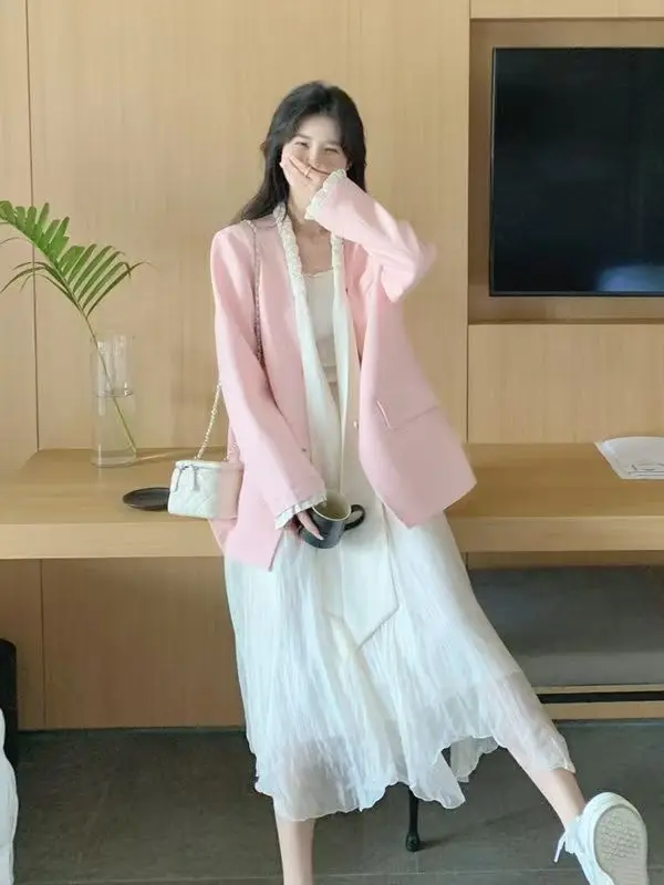 Grande laço com decote em v primavera moda senhoras rosa blazer jaqueta feminina doce high end escritório senhora blazer casual solto casacos outerwear