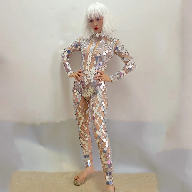 بدلة للجسم بمرآة بأكمام طويلة للنساء للنوادي الليلية ملابس الرقص نموذج فتاة الإستعراض ملابس المسرح ملابس عرض الحفلات Gogo yj802