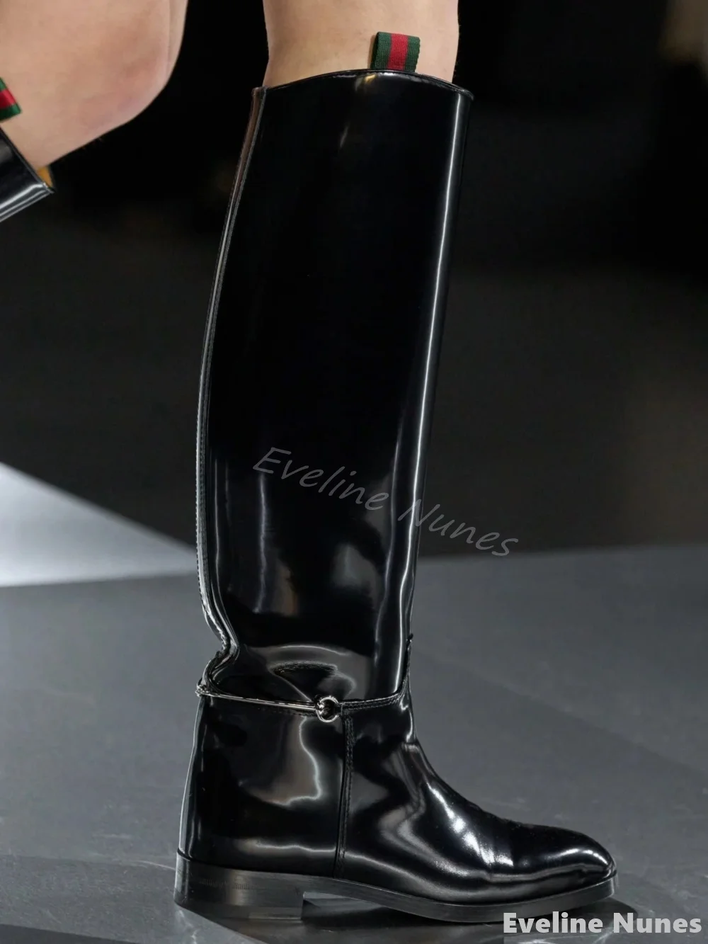 

Patent Leather Metal Buckle Knee Boots Women Round Toe Flat Chunky Heel Slip On Biker Boots 2025 New Fashion Design Long Boots