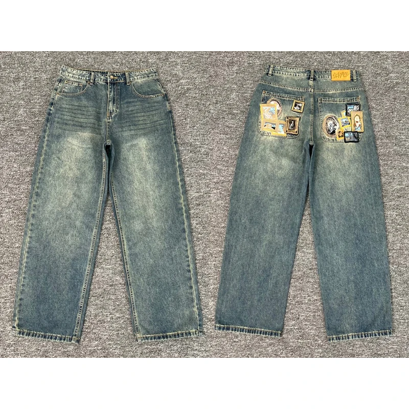 

Personality Pocket Embroidery Derschutze Denim Pants High Street Hip-hop Fashion Men Women Couple Casual Straight-leg Jeans