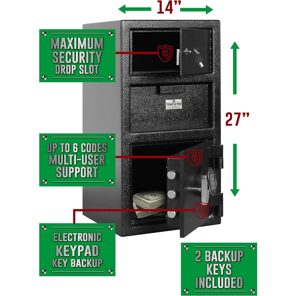 Templeton Standard Depository Drop Safe & Lock Box, Electronic Multi-User Keypad Combination Lock with Key Backup