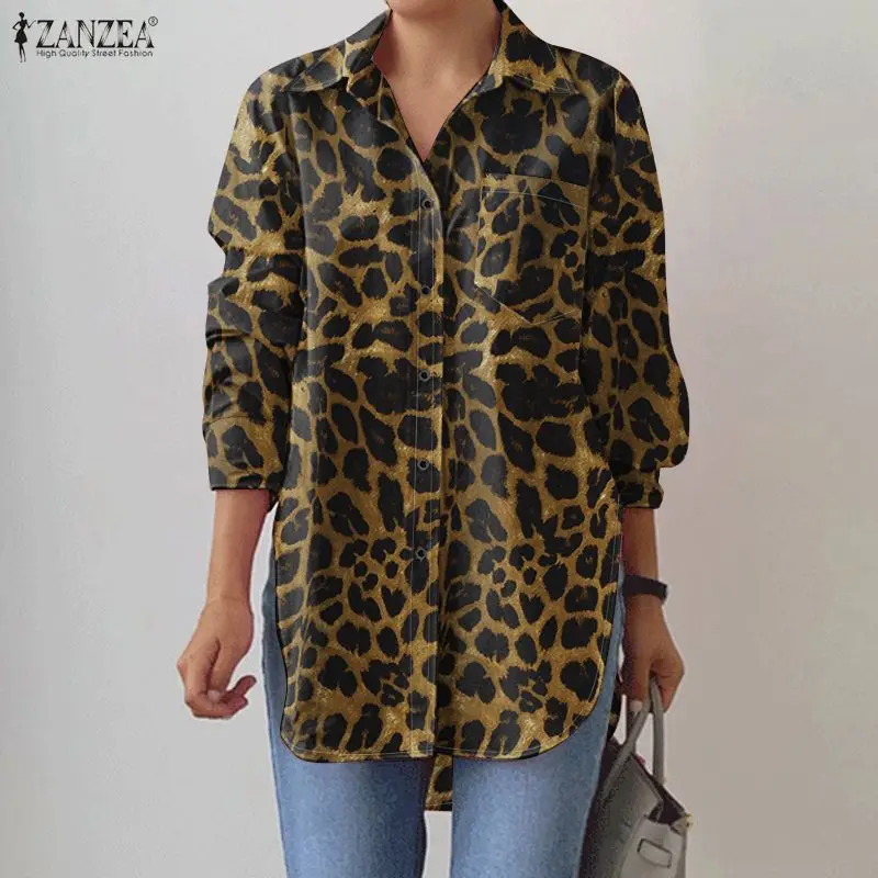 เสื้อเชิ้ตผู้หญิงทรงโอเวอร์ไซส์ แขนยาว คอปก ติดกระดุม ชายเสื้อโค้ง ลายเสือดาว แบรนด์ ZANZEA สำหรับฤดูใบไม้ผลิ ไซส์ S-3XL