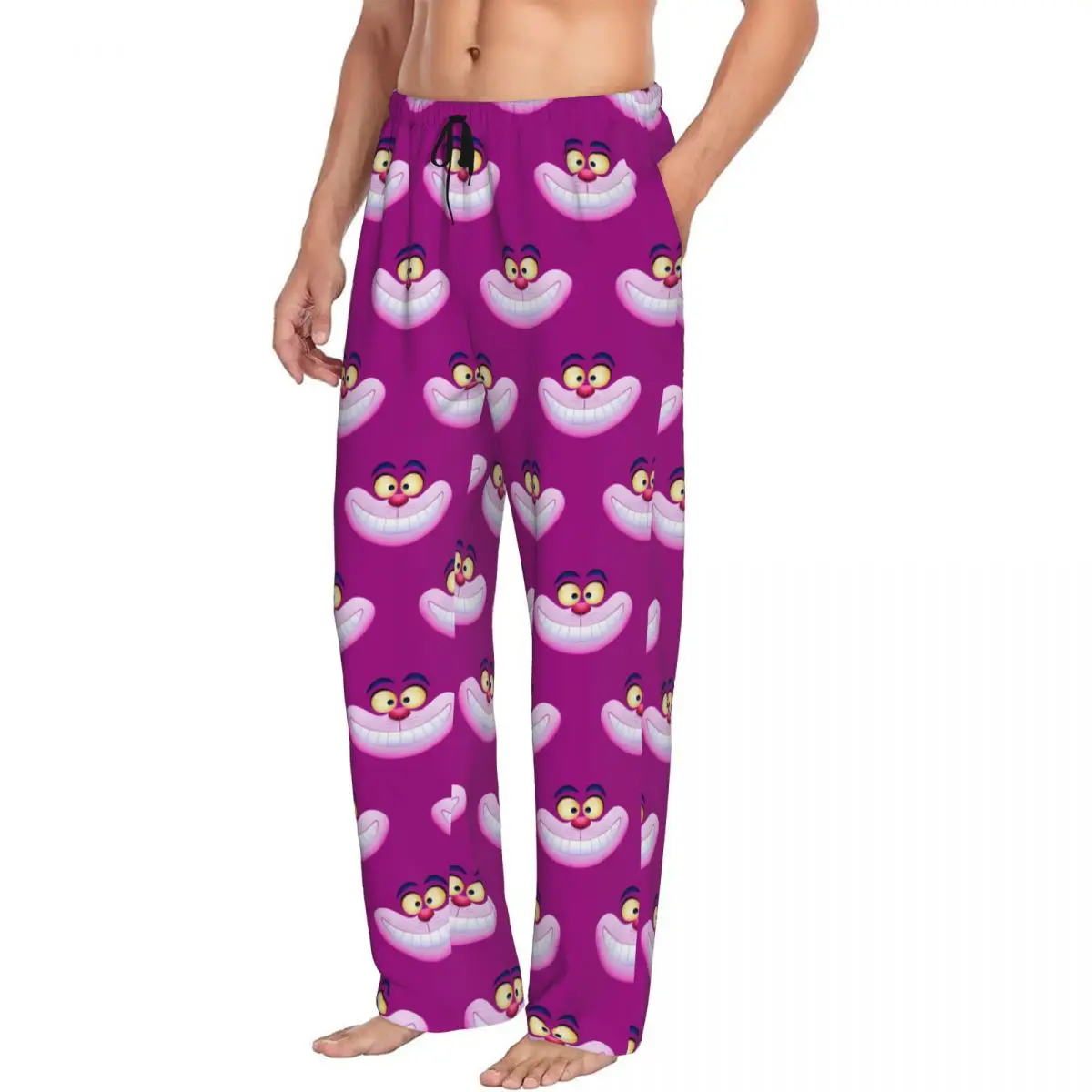 Custom Print Smiling Cheshire Cat Pajama Pants Men's Cartoon Anime Sleep Sleepwear Bottoms with Pockets