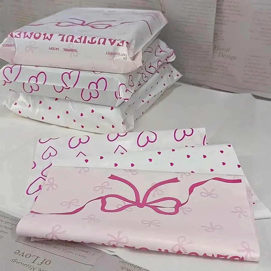 10Pcs Bow Knot And Heart Design Packaging Bags Waterproof Logistics Clothing Postal Pouch Custom Plastic Shipping Mailing Bag