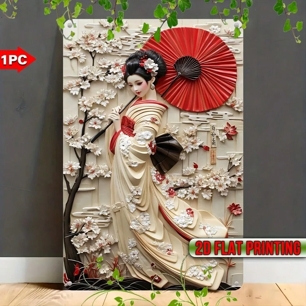 

Cherry Blossom Geisha Metal Wall Art Sign Waterproof UV Printed Home Decor Wall Hanging For Living Room Garden Bedroom Bathroom
