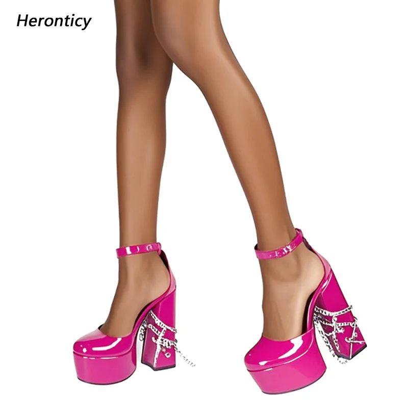 Heronticy Handmade Women Ankle Strap Pumps Punk Style Round Toe Chunky Heels Gorgeous Fuchsia Party Shoes Ladies US Size 5-20