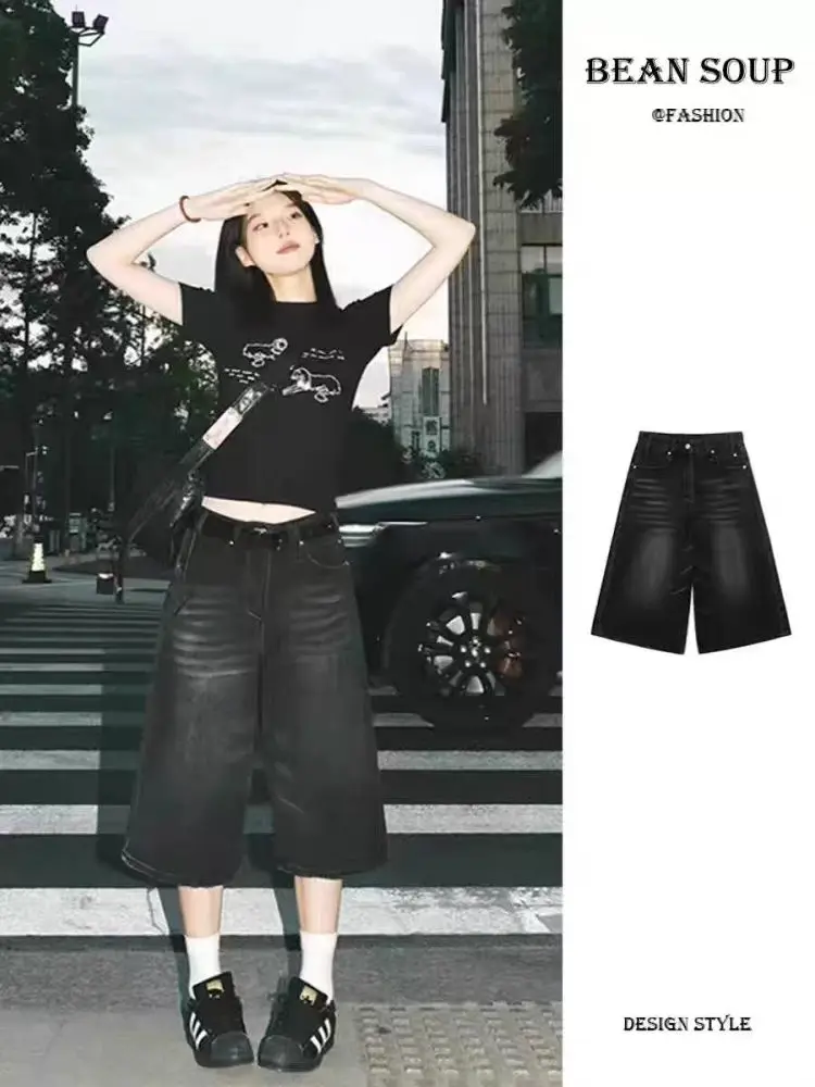 

American Retro Loose Leg Men's Jeans Shorts Vintage Design Sensation Small Audience Mid-Calf Straight Wide Leg Seven-Point Pants