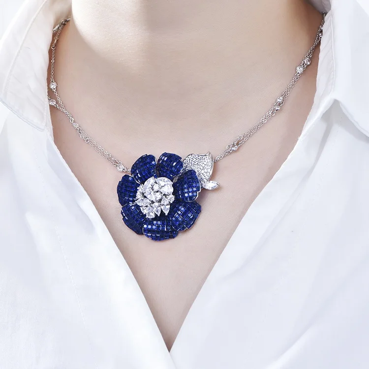 45cm Long Chain Invisible Setting Diamond Necklace Flower Statement Necklace Silver Flower Zircon Necklace