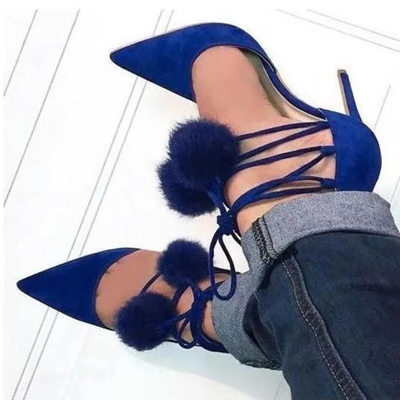 Hot Selling Blue Pom Pom Decor Women Pumps Pointed Toe Cross Strap Lace-up Stiletto High Heels Wedding Shoes Plus Size 10