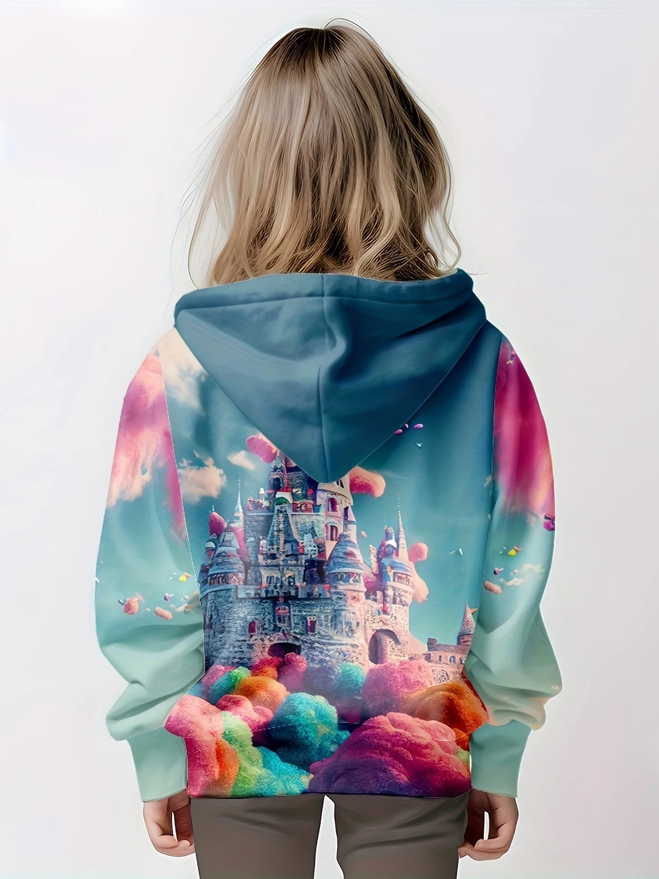 Sweat à capuche imprimé château fantaisie imprimé en 3D pour filles, pulls confortables et à la mode pour le printemps et l'automne, cadeaux de Noël pour enfants