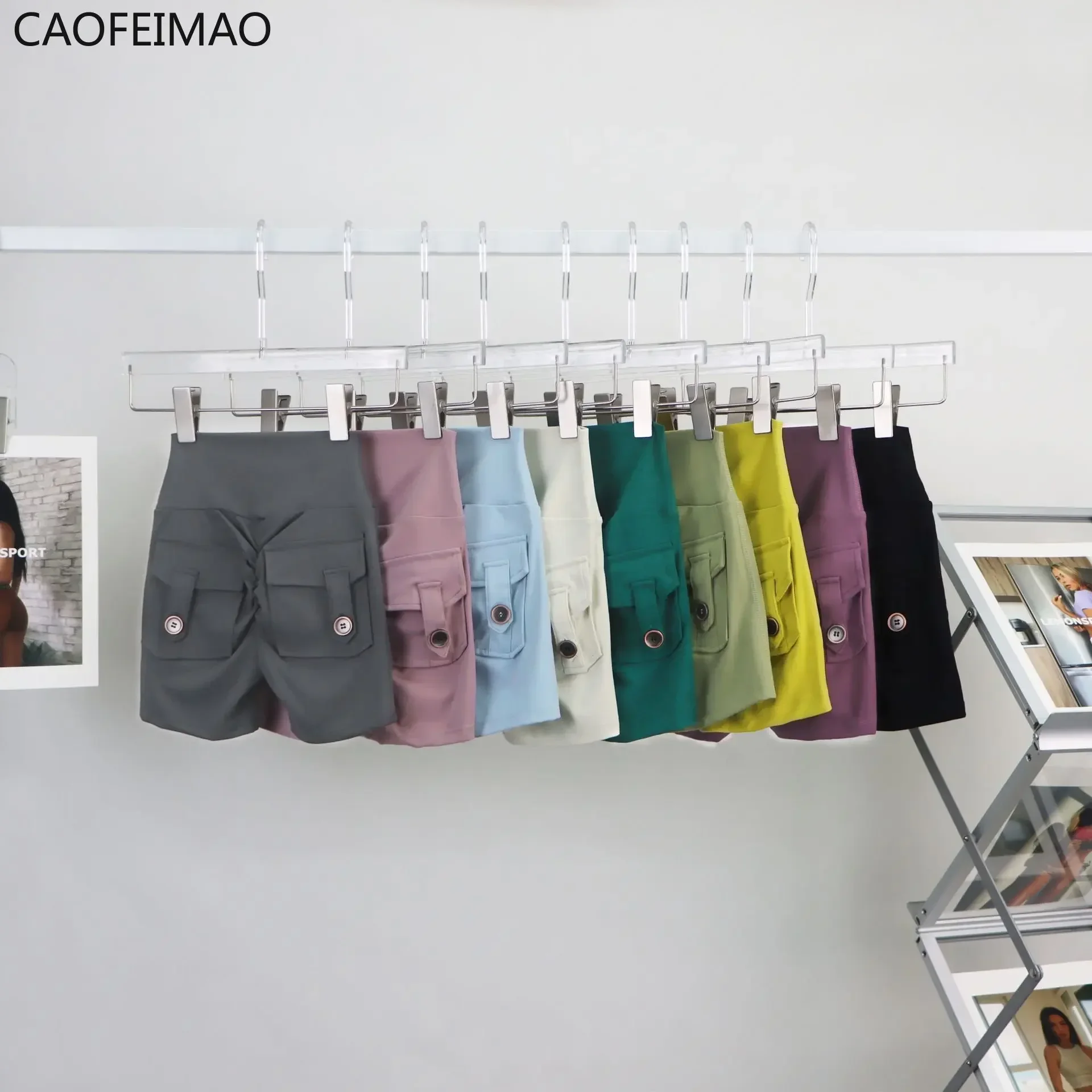 Caofeimao Shorts Women Sport with Pocket Buttocks Fitness Workout High Waist Tights Leggings Push Up Cycling Shorts Gym Clothing