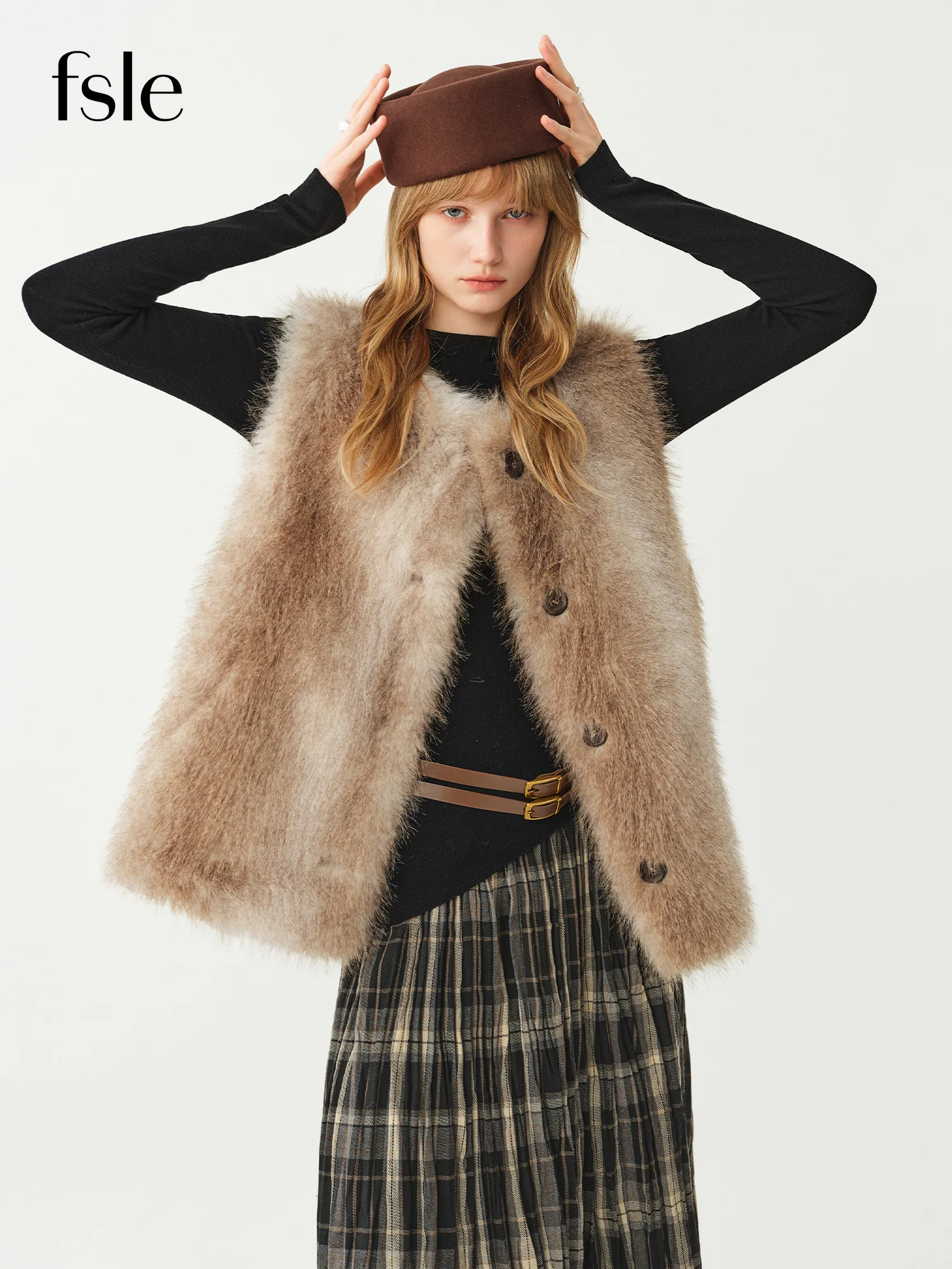 FSLE 2026 Winter Women's Vintage Ombre Sleeveless Faux Fur Vest Jacket - Elegant Versatile Soft Warm Chic for Daily Wear