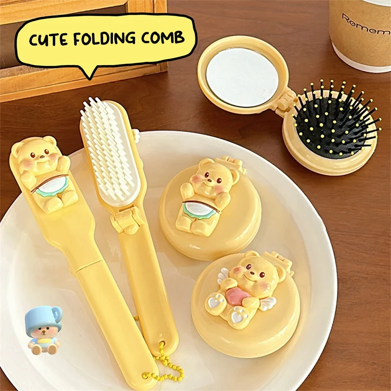 Mini Bear Foldable Head Massager Cartoon Air Bag Hair Comb Anti Static Styling Accessories Portable Children Girl Hair Brush