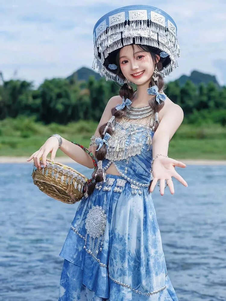 

Ethnic costume tie-dye light and style dance hat performance complete set of photography
