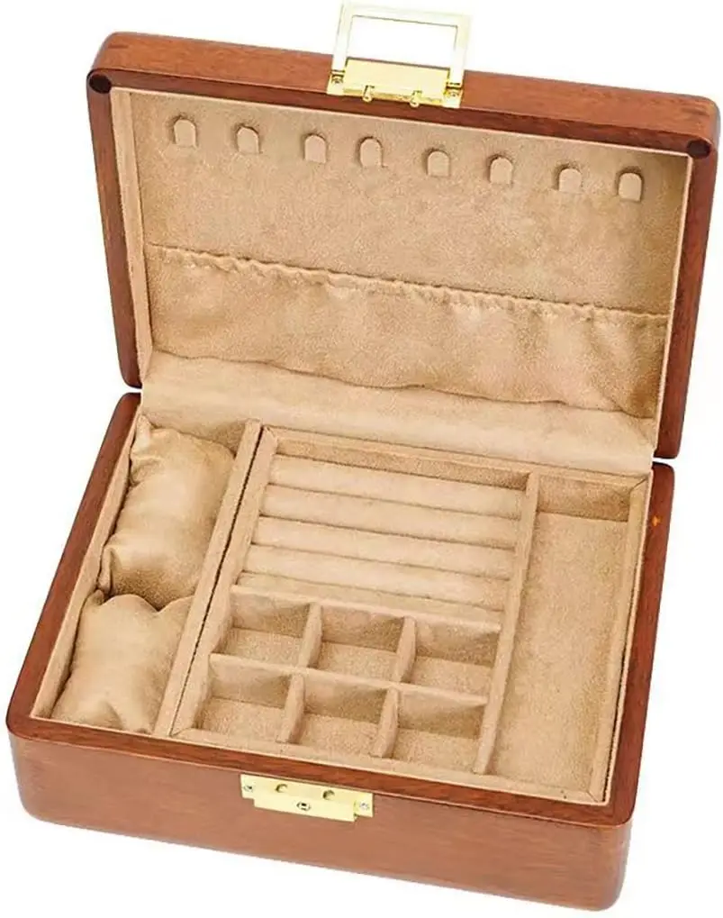 2 Layer Solid Wooden Jewelry Box with Lock and Key for Women Men Vintage Velvet Wood Jewelry Organizer Storage for Earrings Rings Necklaces Bracelet Watch Mothers Day Gift