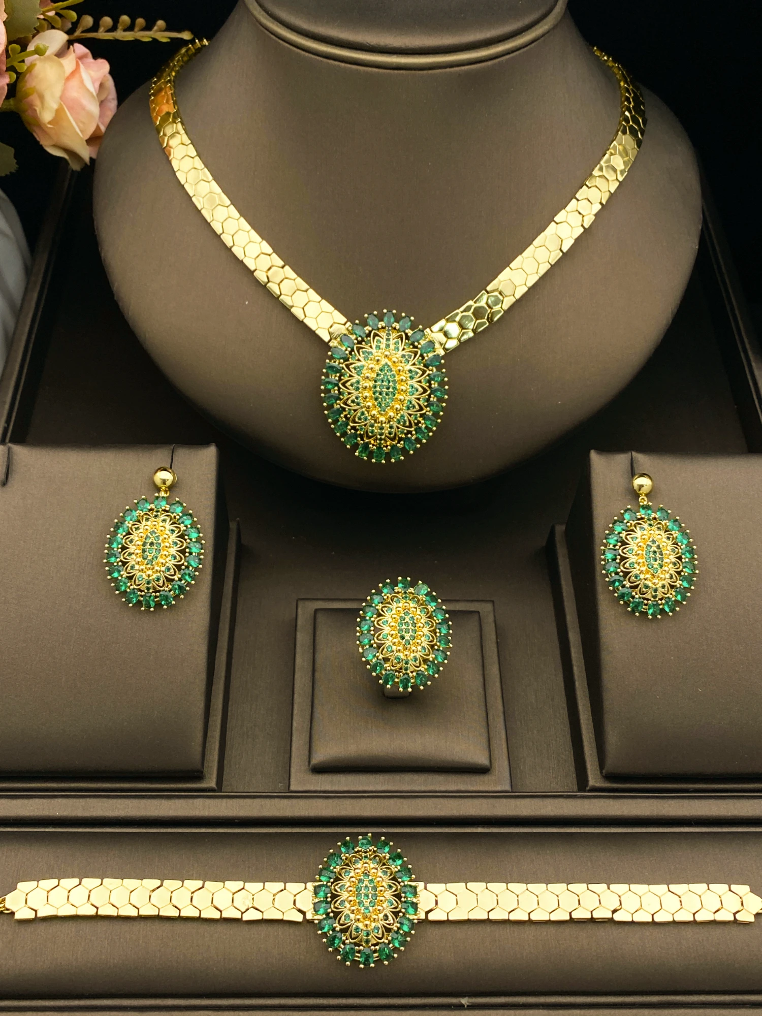 JRH 4PCS Women's Ethiopian Banquet Jewelry Set with Shiny Cubic Zirconia Gold Plated Copper Necklace Ring Earrings Bracelet