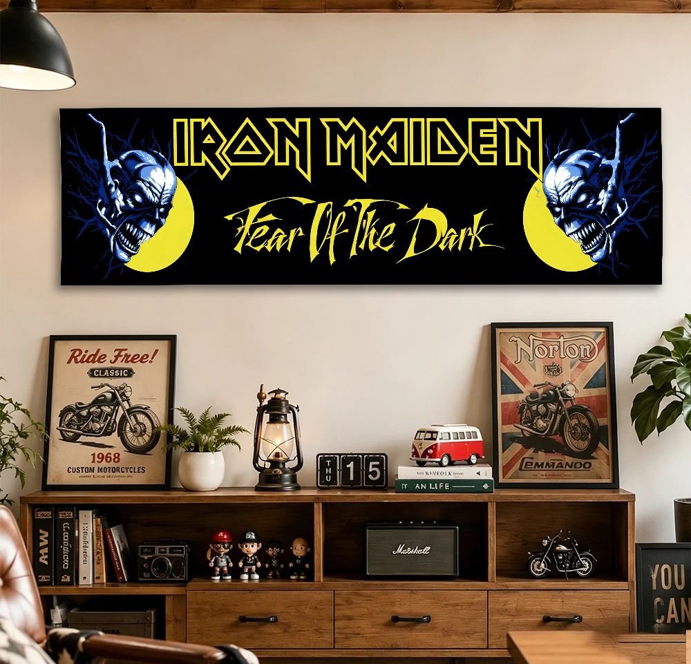 Iron Maiden Fear of the Dark Long Horizontal Tapestry, Eddie Skull Moon Art Wall Hanging for Man Cave Bar Garage Music Room Deco