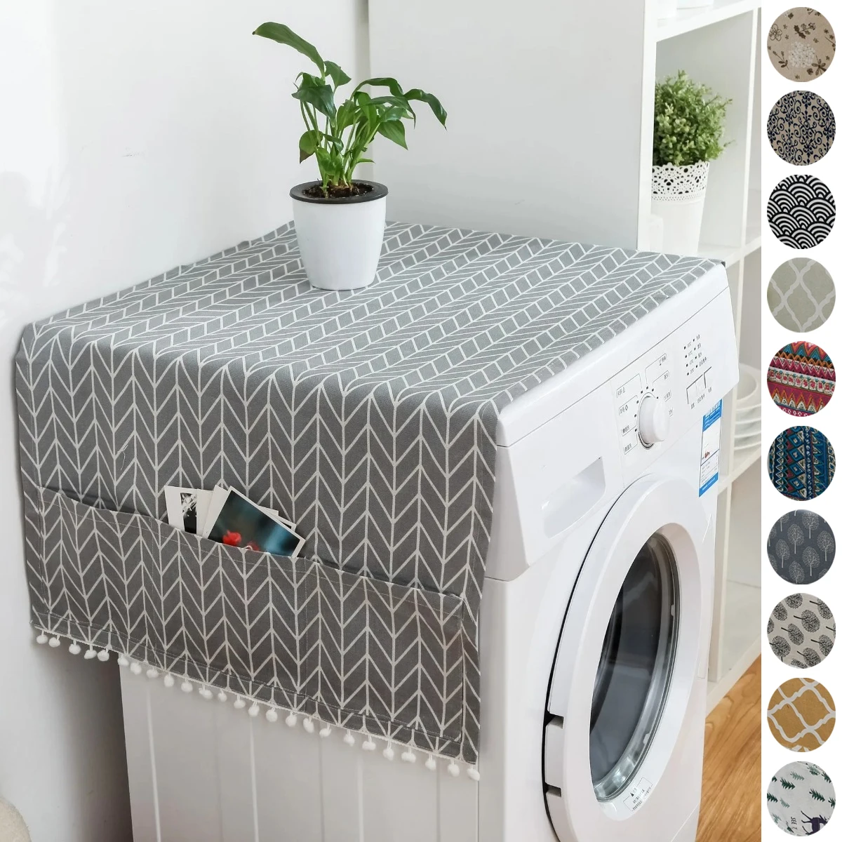 

Geometric Pattern Refrigerator Cover Household Cleaning Dust Covers with Pocket Organizer Microwave Cover Cloth Washing Machine