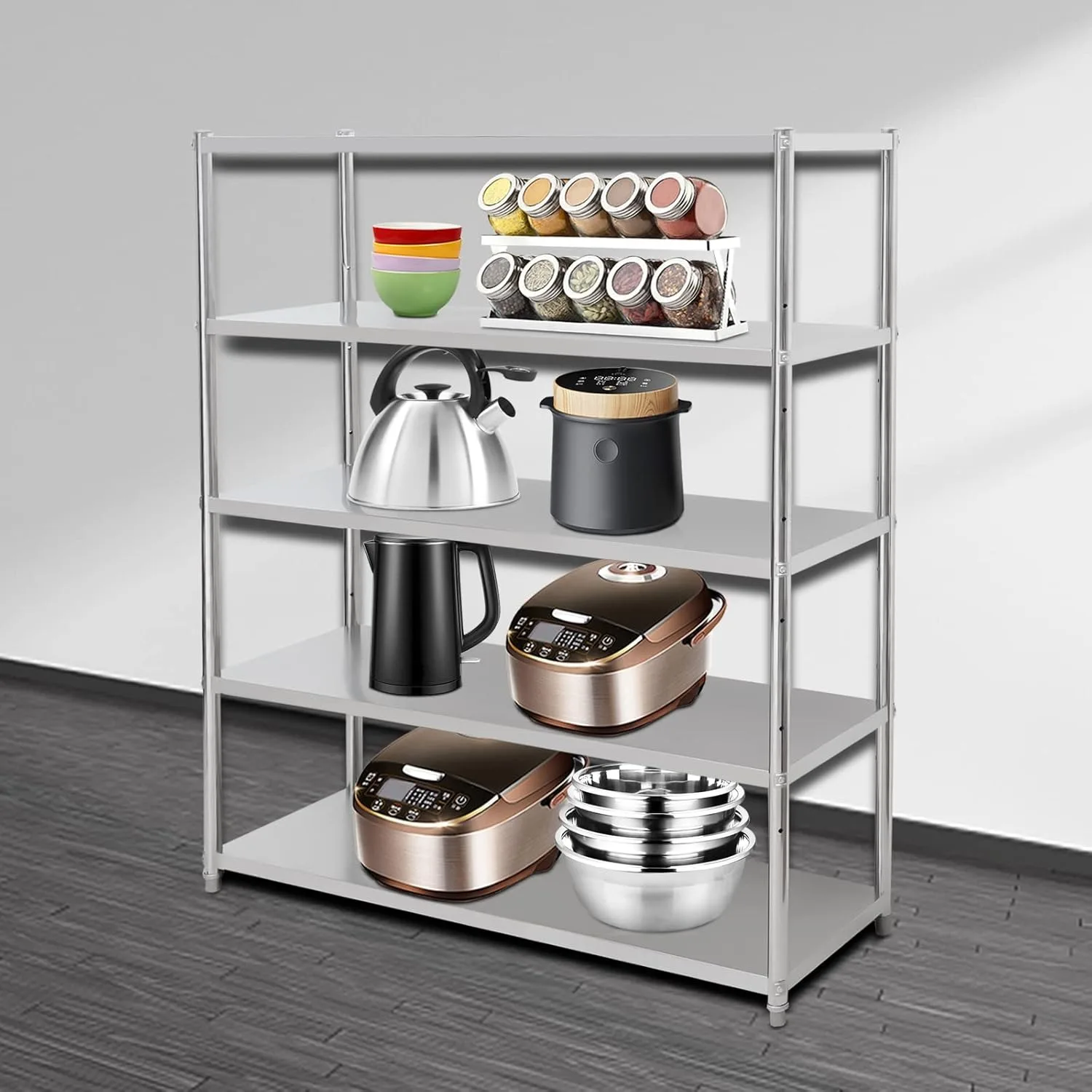 5 Layers Stainless Steel Table Kitchen Shelving Adjustable Storage Unit Heavy Duty Shelving (5 Tiers Adjustable Tier Height)