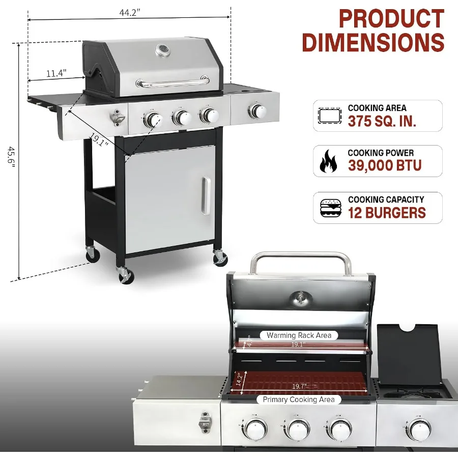 Propane Gas Grill with Side Burner, 39, 000 BTU BBQ Grill with Porcelain-Enameled Cast Iron Grates and Double-Wall Insulated Li