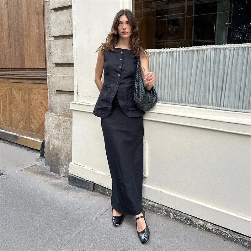 Women's Two-piece Office Sleeveless Button Up Vest And Skirt Set Suitable For Elegant Daily Wear In European And American Style