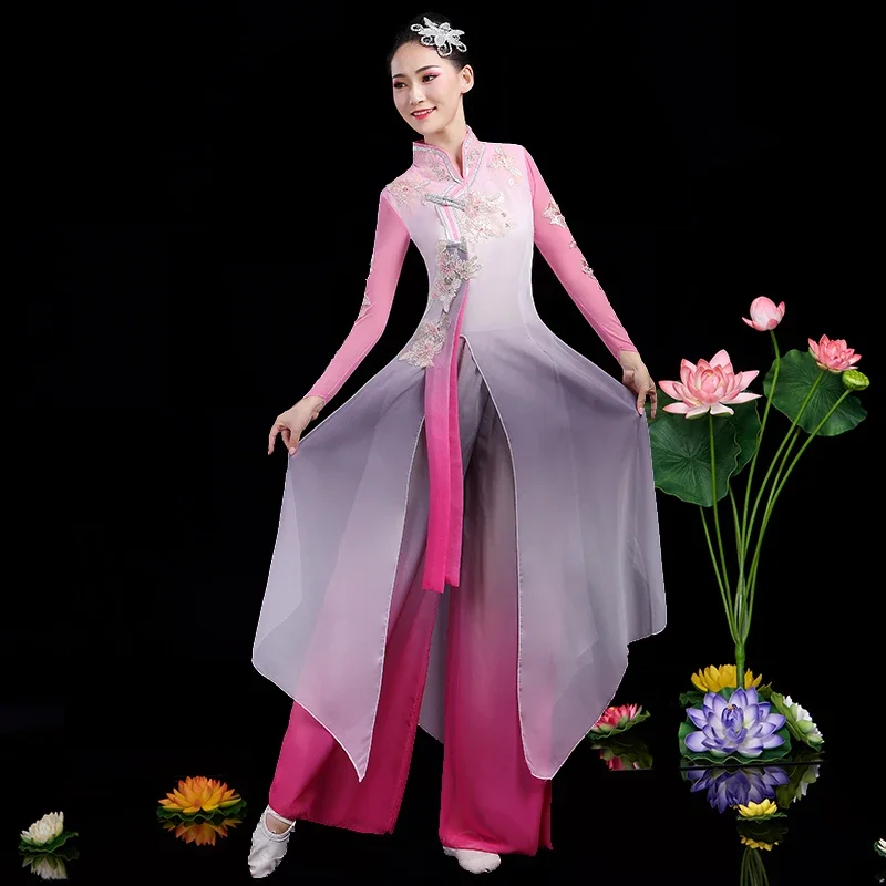 Classical dance performance costume, elegant Chinese fan dance set, modern ethnic performance costume for women