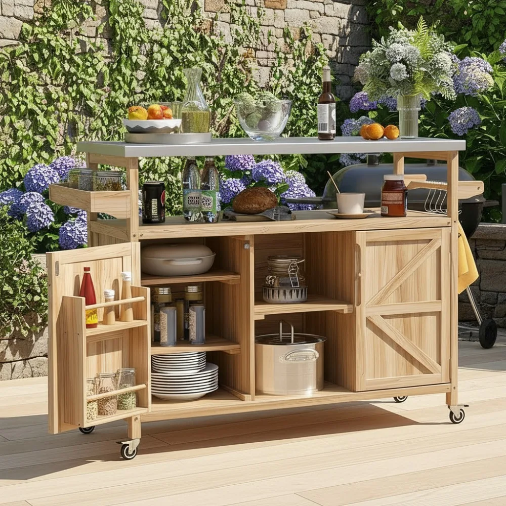 

50 Inch Outdoor Kitchen Grill Cart with Stainless Steel Top, Farmhouse Wood Frame, Wheels for Patio