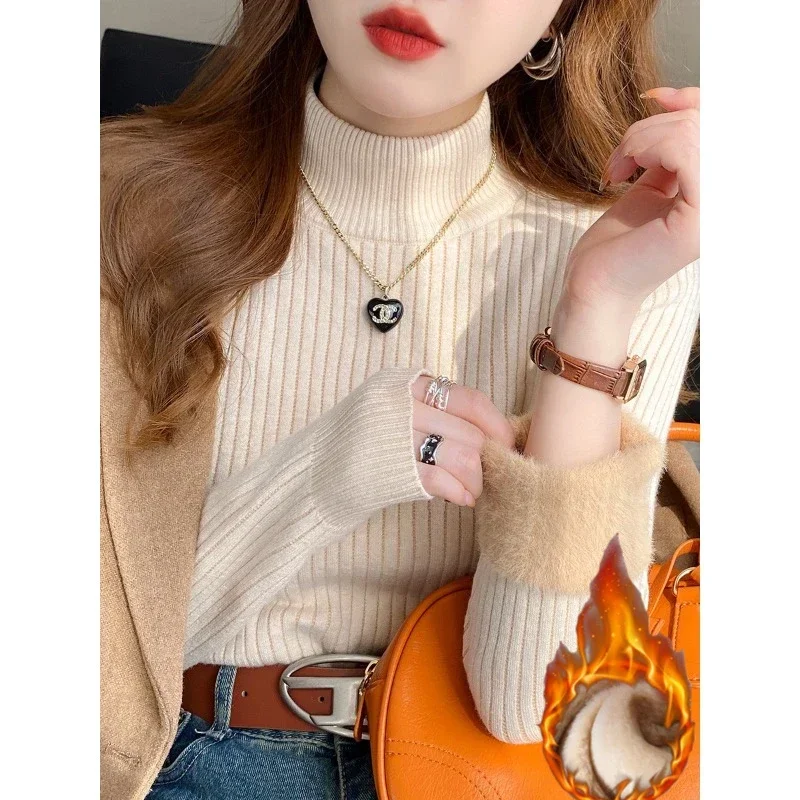 Women's Turtleneck Sweater Winter 2026 Retro with Velvet Lining Thickened Inner Wear Thermal Knitting Bottoming Shirt Pullovers 3