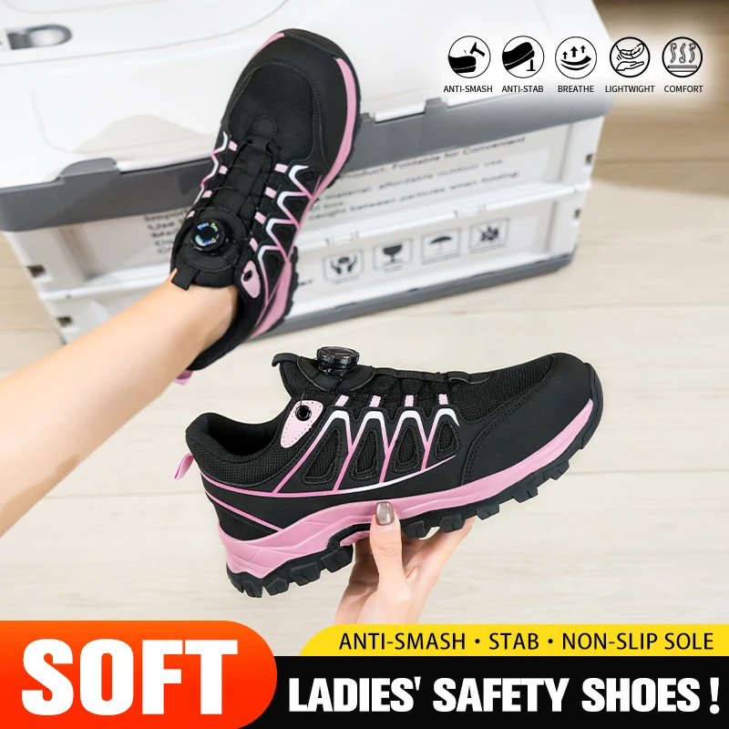 Steel Toe Safety Shoes Women Lightweight Breathable Rotating Button Anti-Puncture Anti-Smash Non Slip Industrial Work Boots