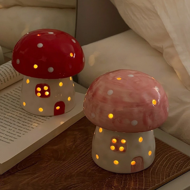 Ceramic Mushroom Night Light for Children Girls Bedroom Ornaments Creative Decoration Light  Cute Cartoon