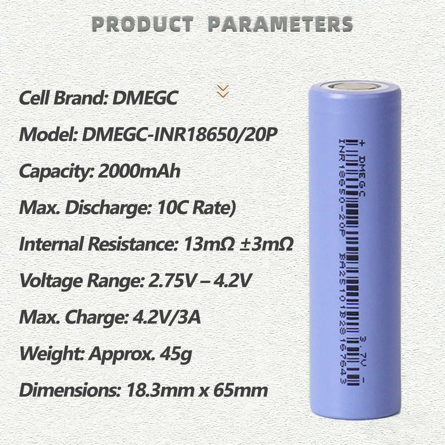 DMEGC 18650 Lithium Battery 10C 20A Discharge 3.7V 2000mAh INR18650 2000mAh Drone Li-ion 18650 Lithium Rechargeable Battery