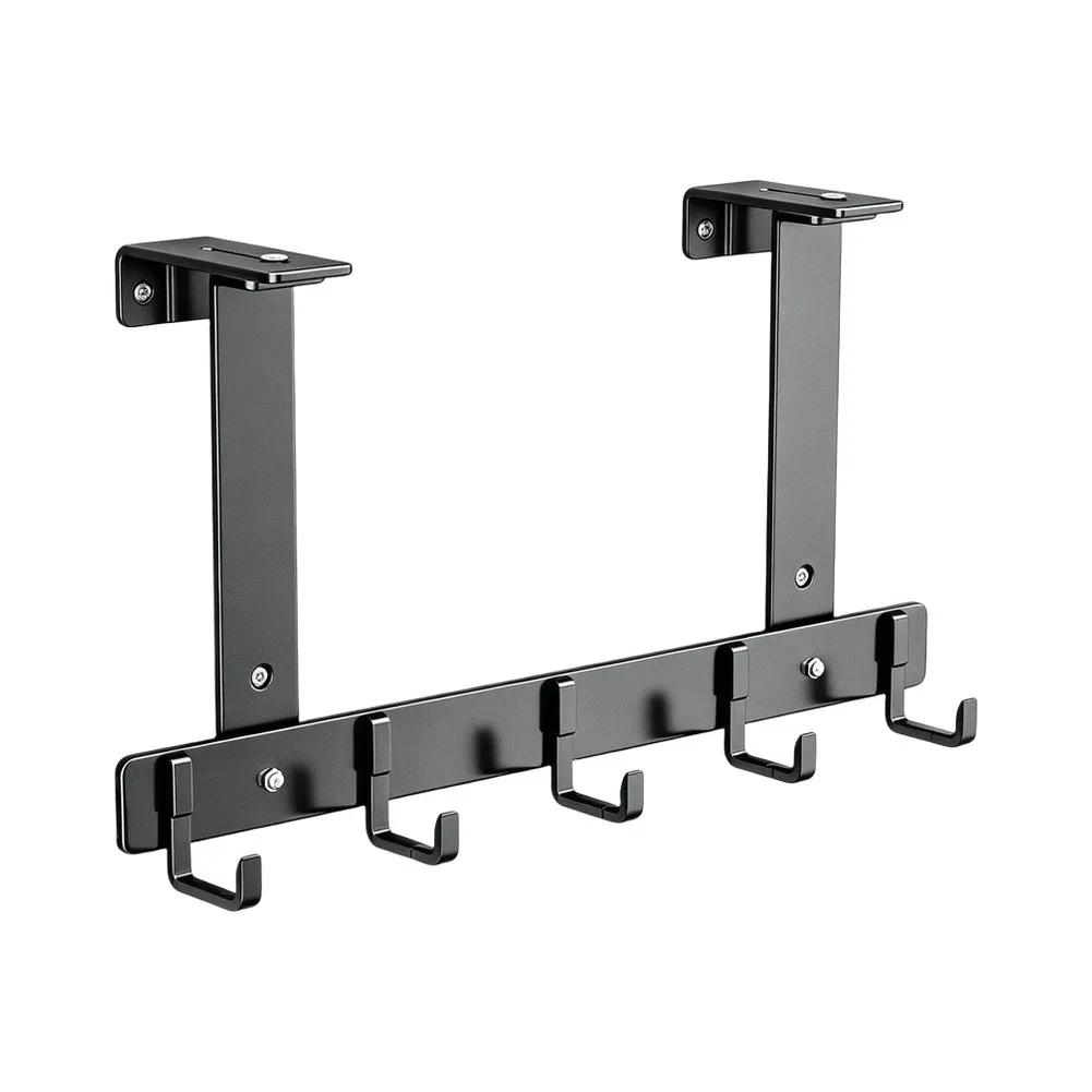 Over the Door Hook Rack Adjustable for 1.38 to 2.56 Inch Doors Drill-Free Installation 5 Hooks Black Aluminum Alloy