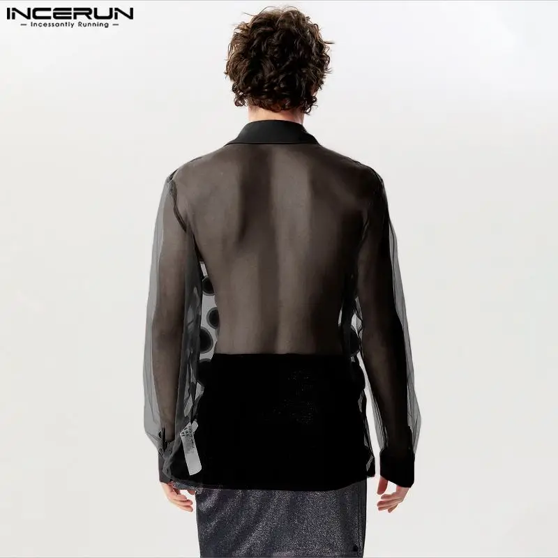 2024 Men\'s Shirt Patchwork Lapel Long Sleeve Mesh Sexy Men Clothing Streetwear Transparent Fashion Party Camisas S-5XL INCERUN