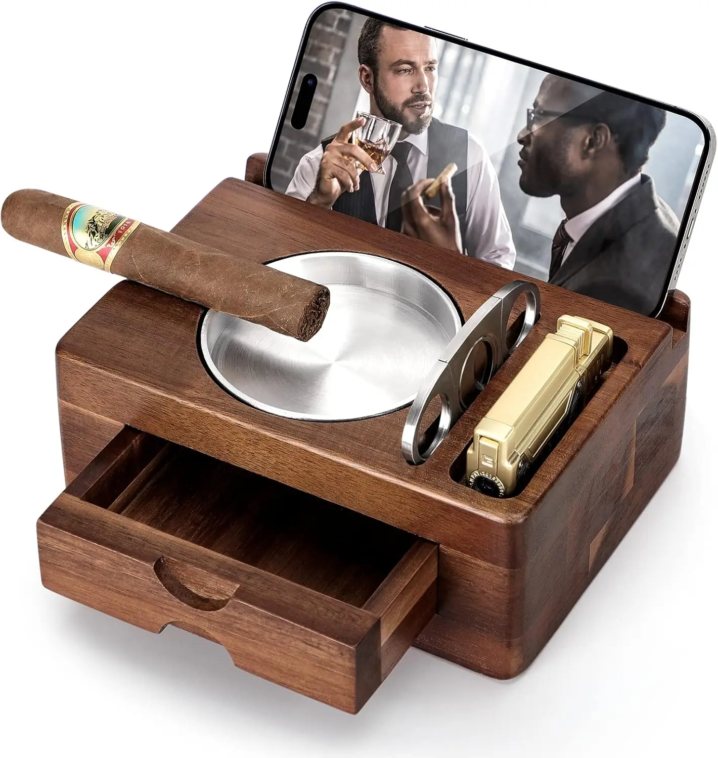 

Wooden Cigar Ashtray with Cutter, Phone Holder, Drawer & Lighter Slot - Home Bar Outdoor Accessories Gift for Men