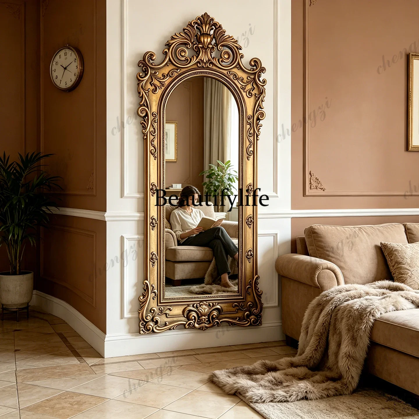 Y136 Y136 French retro carved full-length mirror European wall-mounted full-length American villa luxury floor-to-ceiling fittin