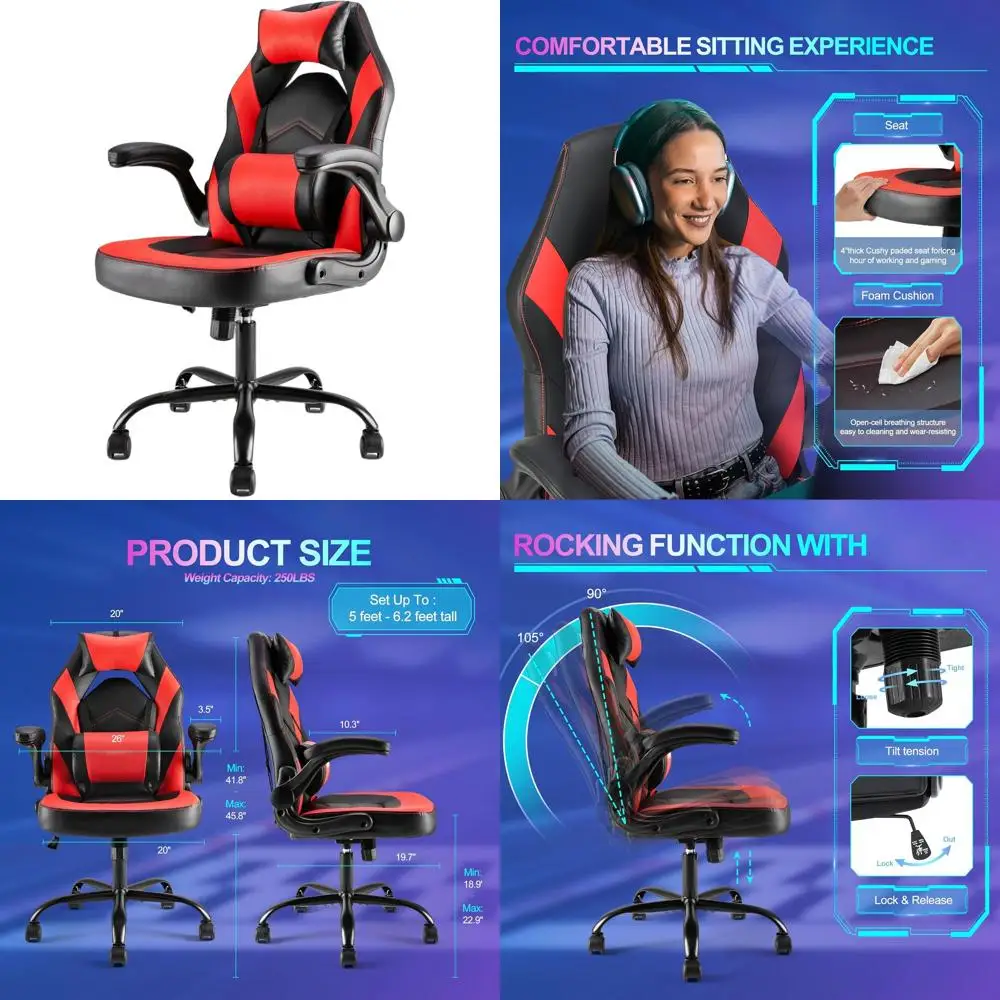 

Red Ergonomic PU Leather Gaming Chair with Adjustable Lumbar Support, Swivel Wheels, and Reclining Feature for Adults and Teens