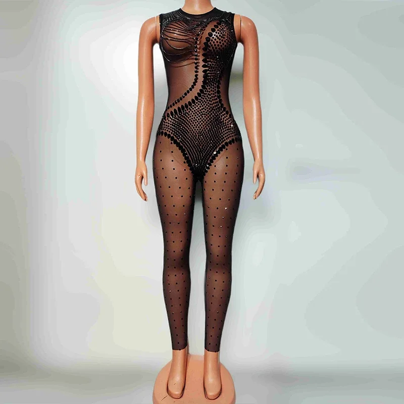 Nightclub Gogo Show Sexy Clothes Women Black Rhinestone Sleeveless Bodysuit Singer Stage Costume Dancehall Queen Outfit   yj521