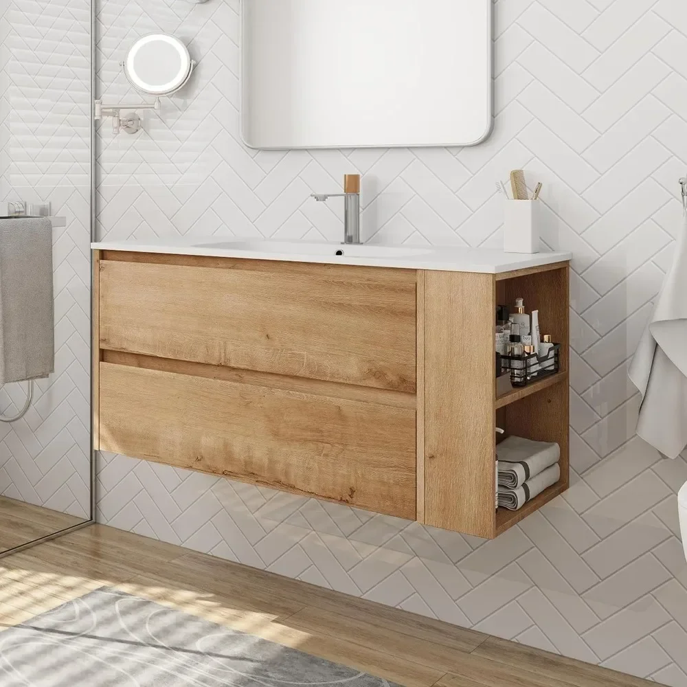

Bathroom Cabinets,36 Inch,Soft Close Drawers, Modern Wall Mounted Single Sink Bathroom Vanity In Imitative Oak,Floating Vanitys