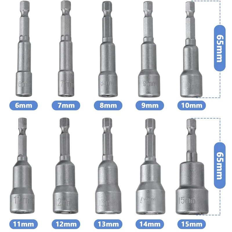 6-15mm Impact Socket Set 8/10pcs Magnetic Nut Screwdriver 1/4 Hex Key Drill Bit Adapter for Power Drill Impact Driver Socket Kit