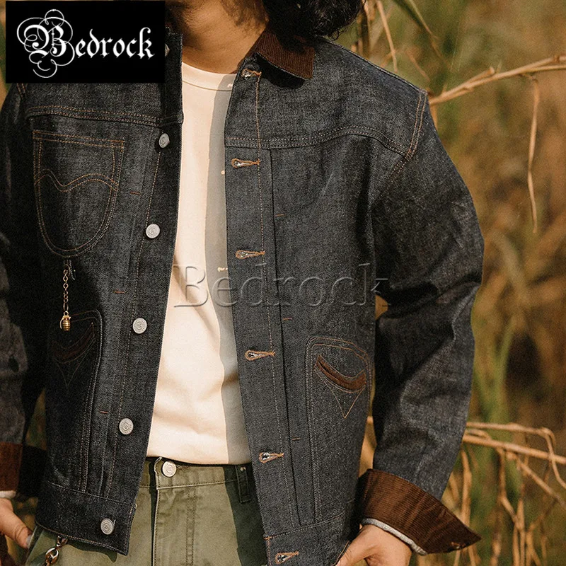 MBBCAR 14.9oz Heavy Vintage Raw Denim Jacket Men Deep Blue Selvedge Denim Splicing Corduroy Official Onewash Jean Jacket 3145