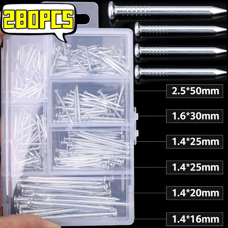 

280Pcs Iron Nail Round Head Tack 16mm 20mm 25mm 30mm 50mm Silver Box Hinge Pushpin Flat-Head Nail Hardware Parts Accessories