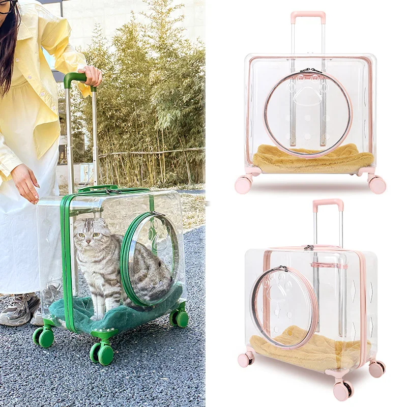 Large Luxury Square Pet Carrier Bag Travel Trolley Transparent Cat Dog Universal Wheel Rolling Carrier Trolley Case