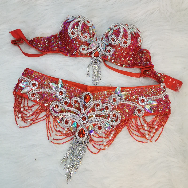 Feminino frisado usar sutiã cinto 2pc define trajes de dança do ventre senhoras trajes de dança do ventre carnaval roupas de dança do ventre