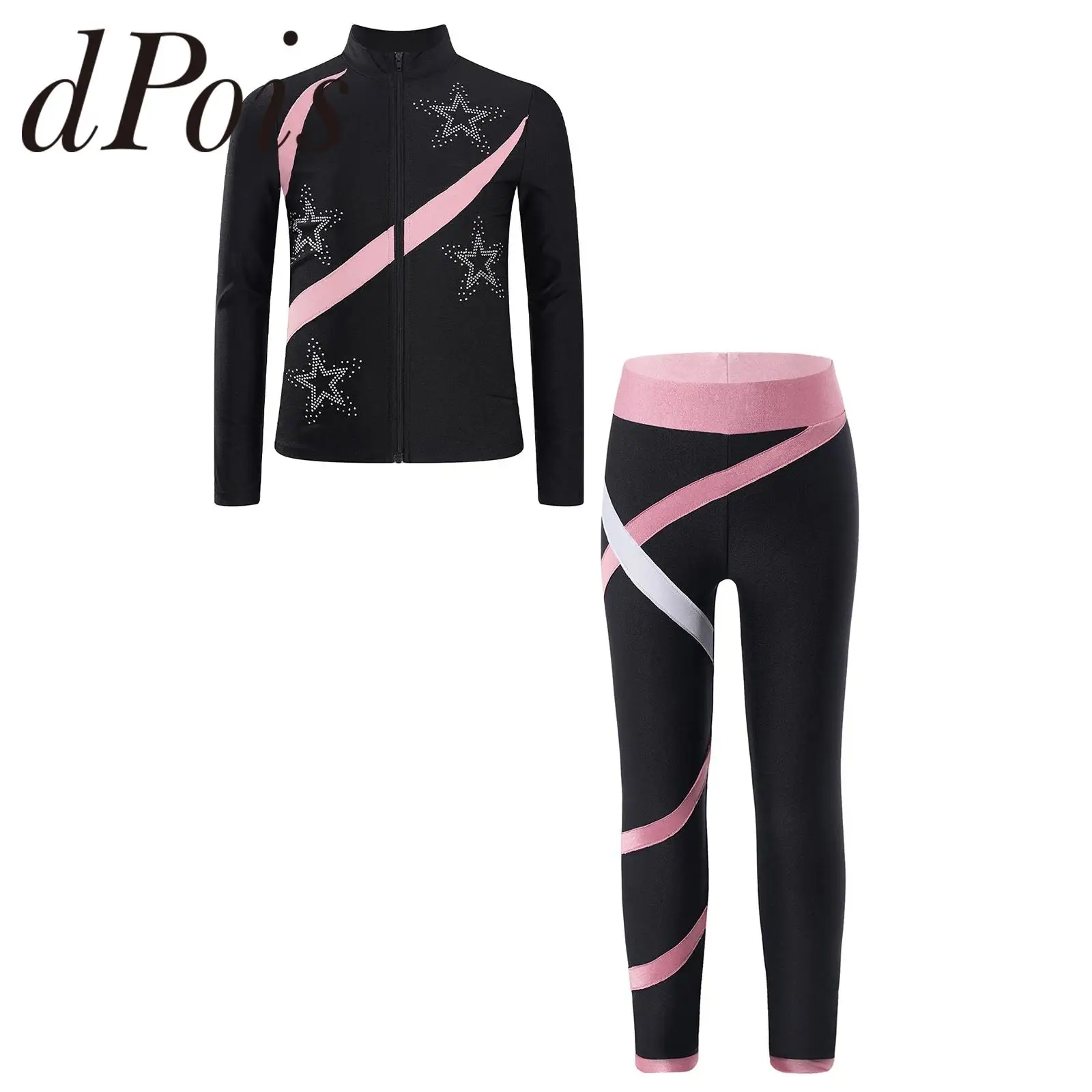 Kids Girls Sports Set Long Sleeve Zipper Sweatshirt with Leggings Children's Sport Suits for Workout Skating Gymnastics Outfits