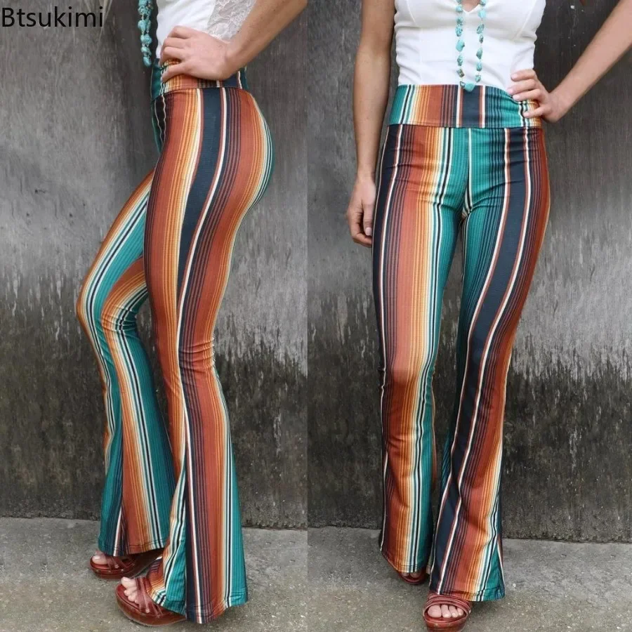 

New 2024 Women's Fashion Printing Tight High Waist Casual Pants Flared Trousers Pants Polyester Milk Silk Printing Pants Bottoms