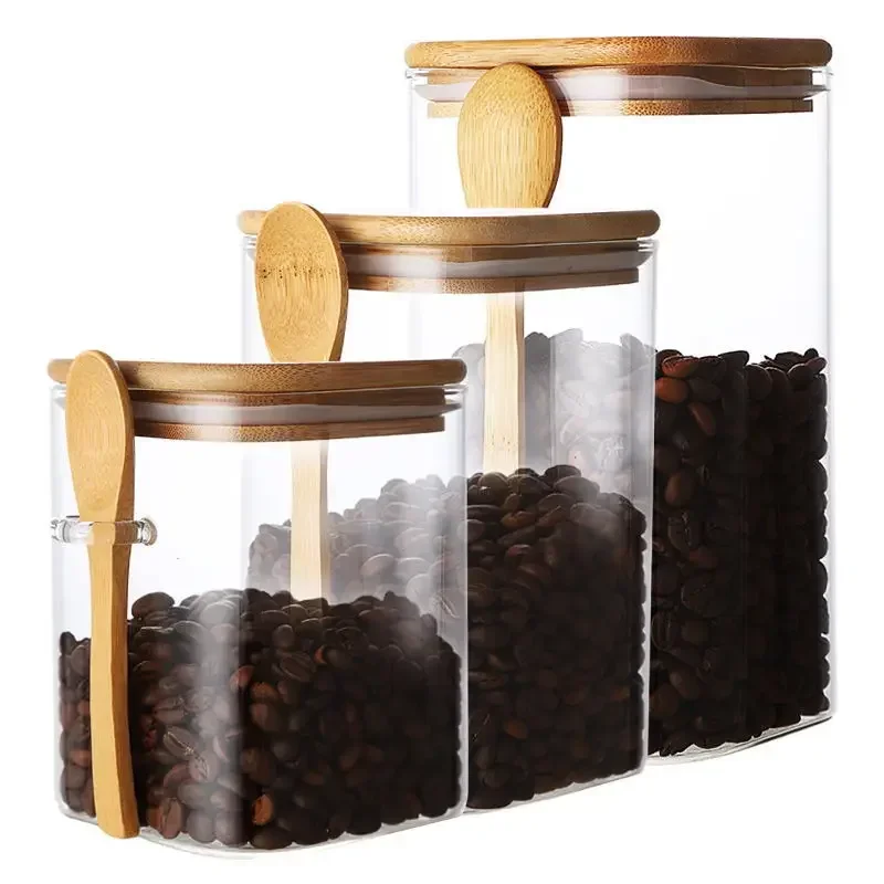 

Japanese Style Square Glass Sealed Storage Jar with Wooden Spoon Seasoning Box Coffee Bean Cans Household Milk Powder Tea Cans